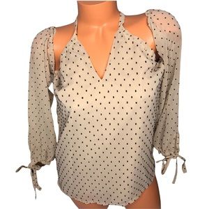L’Academie Swiss Dot Blouse Womens V Neck Tan Black Size S